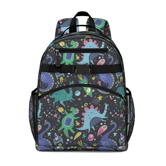 DarkBlue Cartoon Dinosaurs Rockets Pattern Backpack for School,Cute School Bag,Schoolbag with Adjustable Shoulder Straps & Padded Back,15.25"x11.5"x5.25"