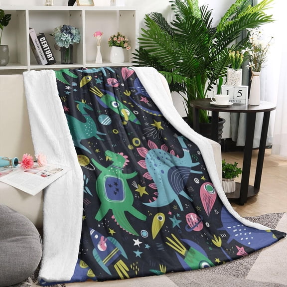 DarkBlue Cartoon Dinosaurs Rockets Pattern Blanket,Comfortable Soft Flannel Throw Blanket,All Season,Warm Lightweight Blankets for Sofa Bed Couch Living Room Chair,60"x80"