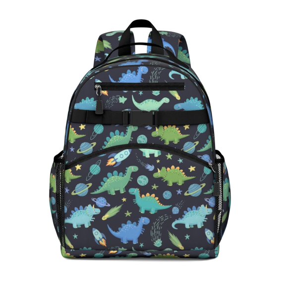 DarkBlue Cartoon Dinosaurs Rockets Pattern Cute School Backpack Bag for School with Padded Back and Adjustable Shoulder Straps 15.25"x11.5"x5.25"