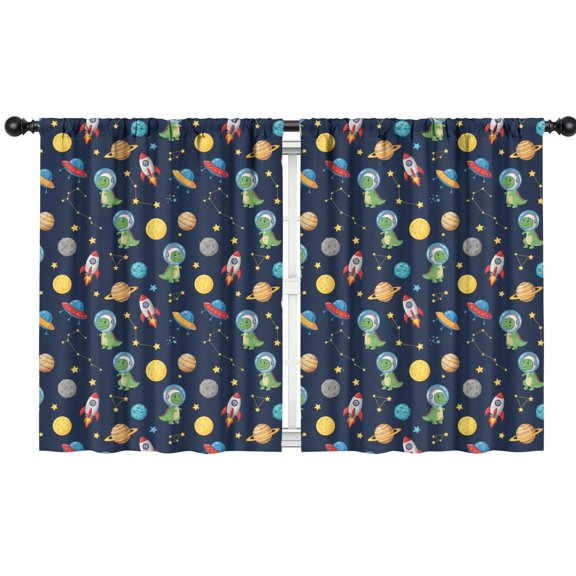 DarkBlue Cartoon Dinosaurs Space Rockets Insulated Teens Curtains Set Of 2, Bedroom Essentials, Toddler Room Decor 42"x54"