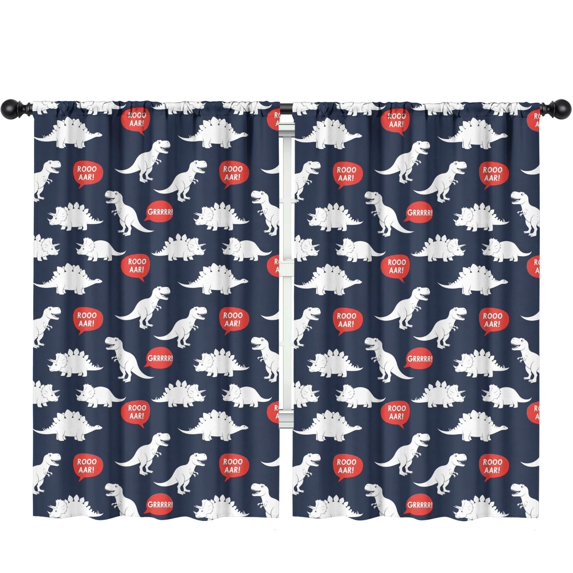 DarkBlue Cartoon Dinosaurs SpeechBubbles Insulated Teens Curtains Set Of 2, Bedroom Essentials, Toddler Room Decor 52"x84"