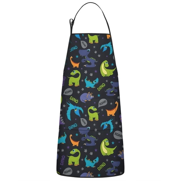 DarkBlue Cartoon Dinosaurs Text Pattern Apron-Garden Aprons for Women with Pockets-Cotton Linen Waterproof Kitchen Cooking Gardening Aprons Adjustable for Kitchen,Cooking,BBQ and Salon 33x27 Inch