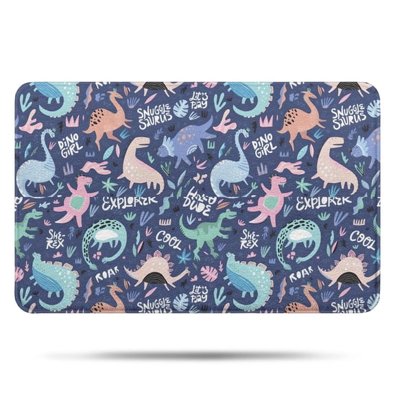 DarkBlue Cartoon Dinosaurs Text Pattern Bathroom Rugs Mat,Non Slip Microfiber Bathroom Rug,Rubber Backing,Soft Bathroom Mats for Bathroom Floor,Tub and Shower,17x27in(43x68cm)