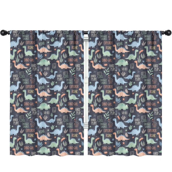 DarkBlue Cartoon Dinosaurs Text Pattern Insulated Teens Curtains Set Of 2, Bedroom Essentials, Toddler Room Decor 52x84in(132x213cm)