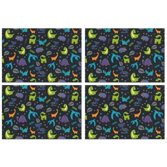 DarkBlue Cartoon Dinosaurs Text Pattern Summer Placemats Table Placemats Set Of 4-Linen Kitchen Washable Placemats Table Mats 11.8"x17.7" Non-Slip Heat Resistant