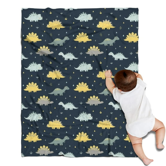 DarkBlue Cartoon Dinosaurs Yellow Triangles Pattern Blanket,Comfortable Soft Flannel Throw Blanket,All Season,Warm Lightweight Blankets for Sofa Bed Couch Living Room Chair,30"x40"