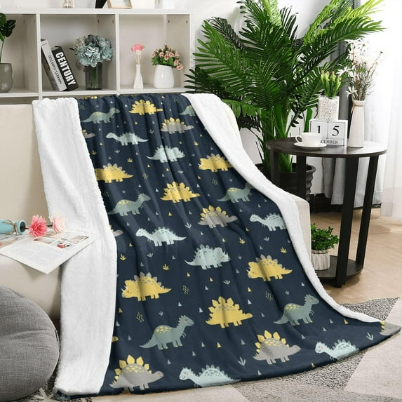DarkBlue Cartoon Dinosaurs Yellow Triangles Pattern Blanket,Comfortable Soft Lamb Wool Throw Blanket,All Season,Warm Lightweight Blankets for Sofa Bed Couch Living Room Chair,50"x60"