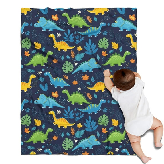 DarkBlue Colorful Dinosaurs Leaves Pattern Blanket,Comfortable Soft Flannel Throw Blanket,All Season,Warm Lightweight Blankets for Sofa Bed Couch Living Room Chair,30"x40"