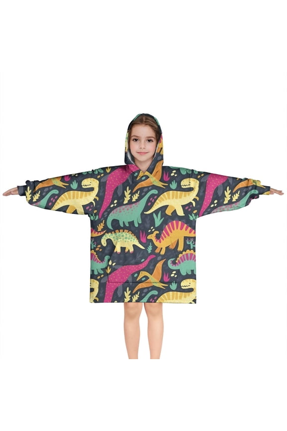 DarkBlue Colorful Dinosaurs Pattern Blanket Hoodies for Kids 6-13YR Oversize Wearable Blanket Hoodies for Boys Girls Teens