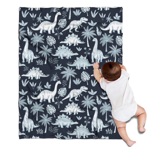 DarkBlue Dinosaurs Palm Trees Pattern Blanket,Comfortable Soft Flannel Throw Blanket,All Season,Warm Lightweight Blankets for Sofa Bed Couch Living Room Chair,30"x40"