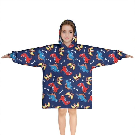 DarkBlue Dinosaurs Pattern Blanket Hoodies for Kids 6-13YR Oversize Wearable Blanket Hoodies for Boys Girls Teens