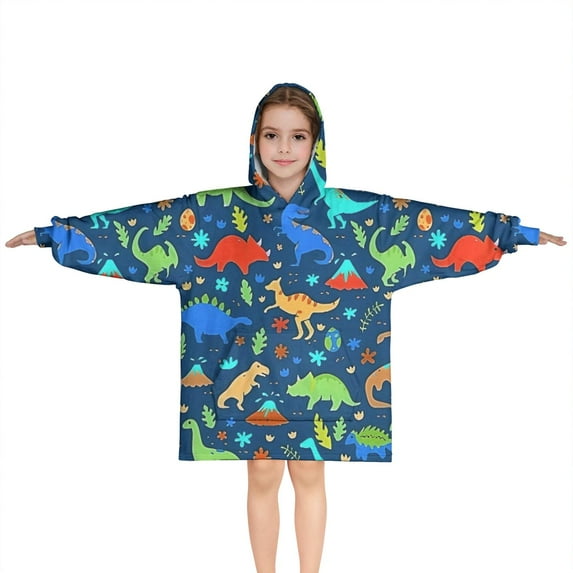 DarkBlue Dinosaurs Pattern Blanket Hoodies for Kids 6-13YR Oversize Wearable Blanket Hoodies for Boys Girls Teens