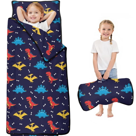 DarkBlue Dinosaurs Pattern Teens Toddler Nap Mat with Pillow, Sleeping Mat Bag for Preschool Daycare 59"x22"