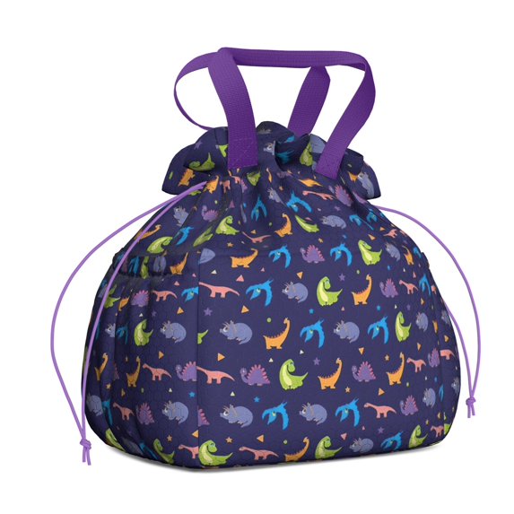 DarkBlue Dinosaurs with Shapes Pattern Drawstring Lunch Bag Women - Drawstring Lunch Bag Insulated for Work Office - Stain-Resistant Large Lunchbags for Women with Multi-Pockets