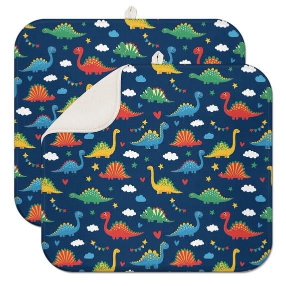 DarkBlue Dinosaurs Stars Hearts Dish Drying Mat for Kitchen 1 Pack, Ultra Absorbent Microfiber Dishes Drainer Mats,16"x18"