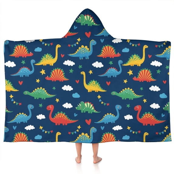 DarkBlue Dinosaurs Stars Hearts Hooded Bath Towel,50"x30" for Ages 3 To 12 Kids, Quick Dry Lightweight Soft Microfiber Hood Beach Towel Cover Up for Kids
