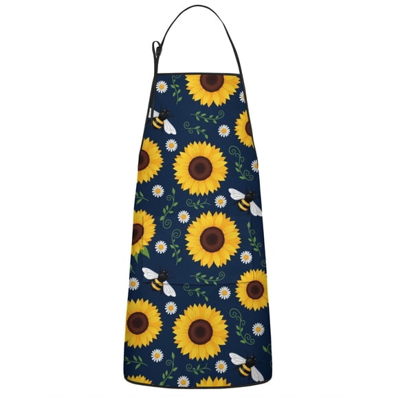 DarkBlue Sunflower Bee Pattern Apron-Garden Aprons for Women with Pockets-Cotton Linen Waterproof Kitchen Cooking Gardening Aprons Adjustable for Kitchen,Cooking,BBQ and Salon 33x27 Inch