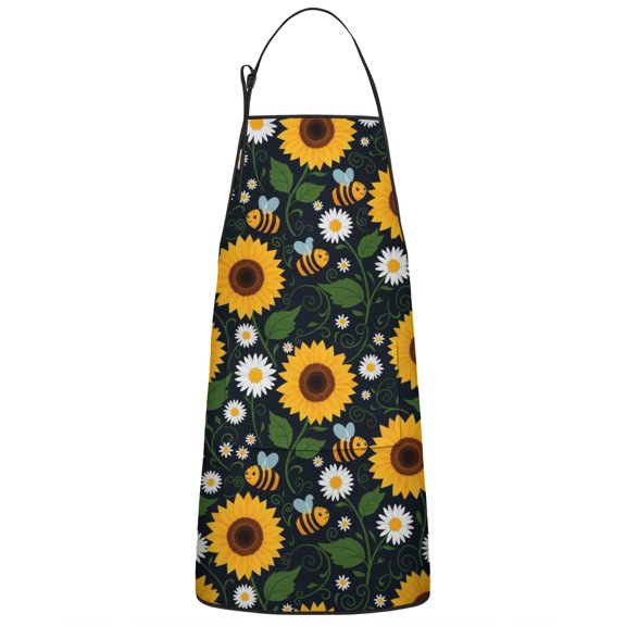 DarkBlue Sunflower Bee Pattern Apron-Garden Aprons for Women with Pockets-Cotton Linen Waterproof Kitchen Cooking Gardening Aprons Adjustable for Kitchen,Cooking,BBQ and Salon 33x27 Inch
