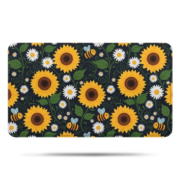 DarkBlue Sunflower Bee Pattern Bathroom Rugs Mat,Non Slip Microfiber Bathroom Rug,Rubber Backing,Soft Bathroom Mats for Bathroom Floor,Tub and Shower,17x30in(43x75cm)