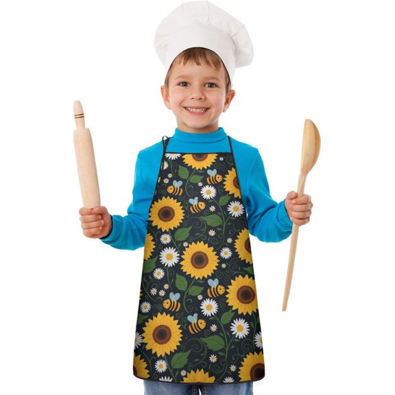DarkBlue Sunflower Bee Pattern Kids Aprons for Girls and Boys,Adjustable Neck Strap Toddler Aprons for Kids Cooking Baking