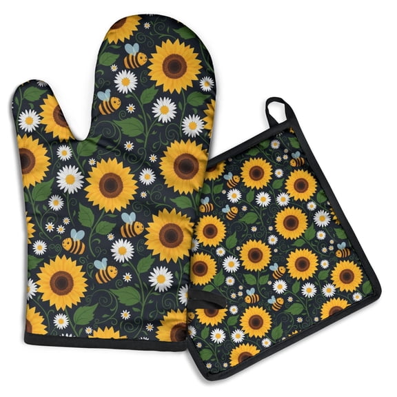 DarkBlue Sunflower Bee Pattern Kitchen Oven Mitt and Pot Holder Sets 2 Pcs for Baking, Cooking and Grilling, Heat Resistant Up To 392 °F