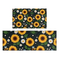 DarkBlue Sunflower Bee Pattern Kitchen Rugs Sets Of 2,Anti Fatigue Kitchen Mat Rugs Non Slip Washable,Decorative Kitchen Floor Mats for Kitchen,Sink,Laundry,17"x30" 17"x47"