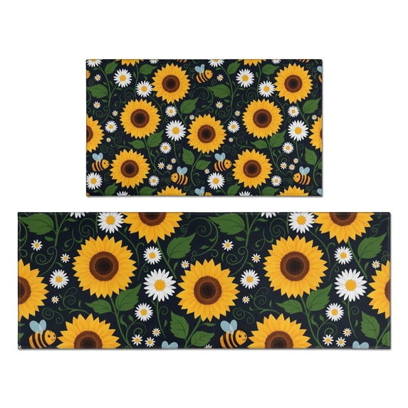 DarkBlue Sunflower Bee Pattern Kitchen Rugs Sets Of 2,Anti Fatigue Kitchen Mat Rugs Non Slip Washable,Decorative Kitchen Floor Mats for Kitchen,Sink,Laundry,17"x30"+17"x47"