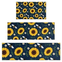 DarkBlue Sunflower Bee Pattern Kitchen Rugs Sets Of 3,Kitchen Runner Rugs Non Skid Washable,Decorative Kitchen Floor Mats for Kitchen,Sink,Laundry,17"x30"  17"x47"   17"x59"