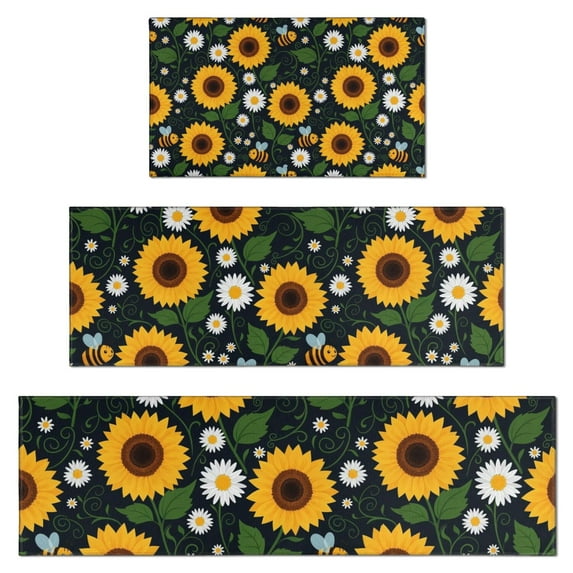 DarkBlue Sunflower Bee Pattern Kitchen Rugs Sets Of 3,Kitchen Runner Rugs Non Skid Washable,Decorative Kitchen Floor Mats for Kitchen,Sink,Laundry,17"x30"+ 17"x47" + 17"x59"
