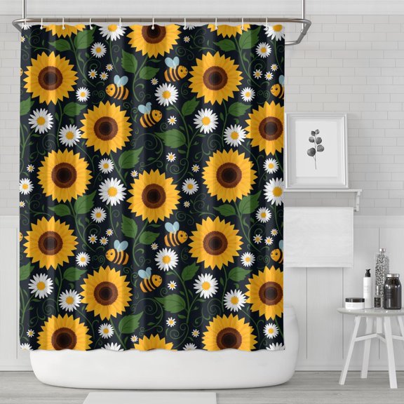 DarkBlue Sunflower Bee Pattern Shower Curtain 72"x84" ,Bathroom Decorative Shower Curtains Set with 12 Hooks,Modern Waterproof Washable Shower Curtain