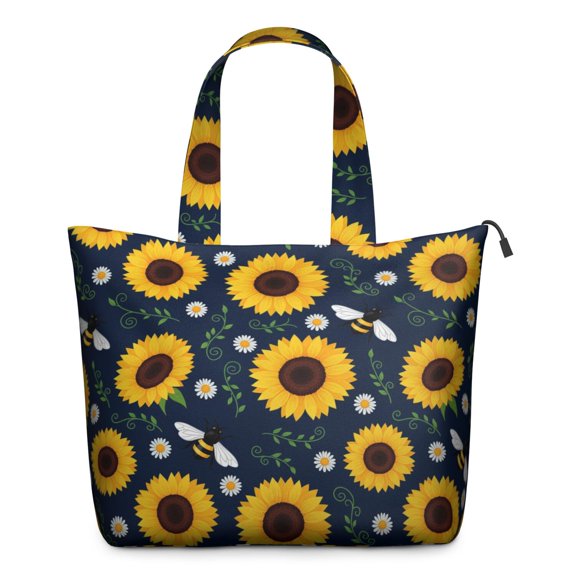 DarkBlue Sunflower Bee Pattern Travel Tote Bags for Women Carry On,Large Weekender Bags for Women Travel,Multi Functional Duffle Bag for Work,Shopping,Sports