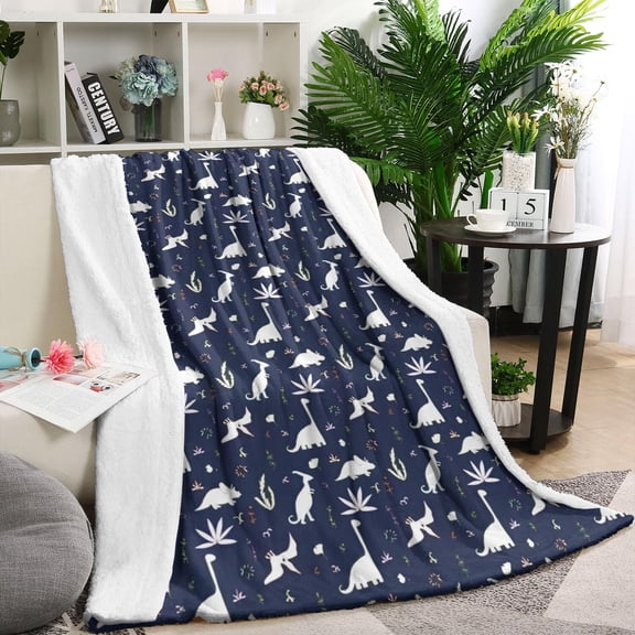 DarkBlue White Dinosaurs Plants Pattern Blanket,Comfortable Soft Flannel Throw Blanket,All Season,Warm Lightweight Blankets for Sofa Bed Couch Living Room Chair,40"x50"