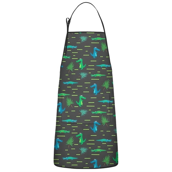 DarkGray Cartoon Crocodiles Pattern Apron-Garden Aprons for Women with Pockets-Cotton Linen Waterproof Kitchen Cooking Gardening Aprons Adjustable for Kitchen,Cooking,BBQ and Salon 33x27 Inch