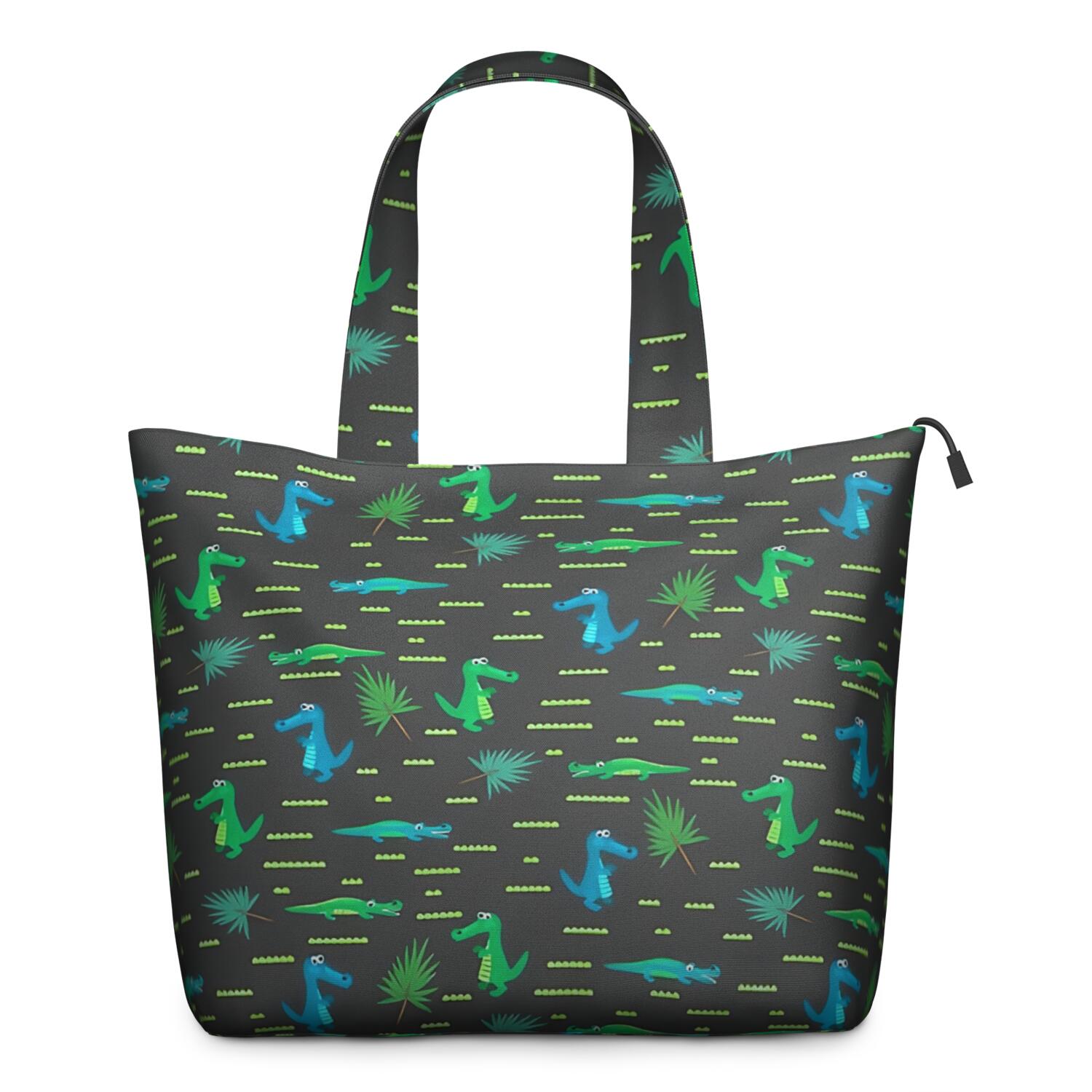 DarkGray Cartoon Crocodiles Pattern Travel Tote Bags for Women Carry On,Large Weekender Bags for Women Travel,Multi Functional Duffle Bag for Work,Shopping,Sports