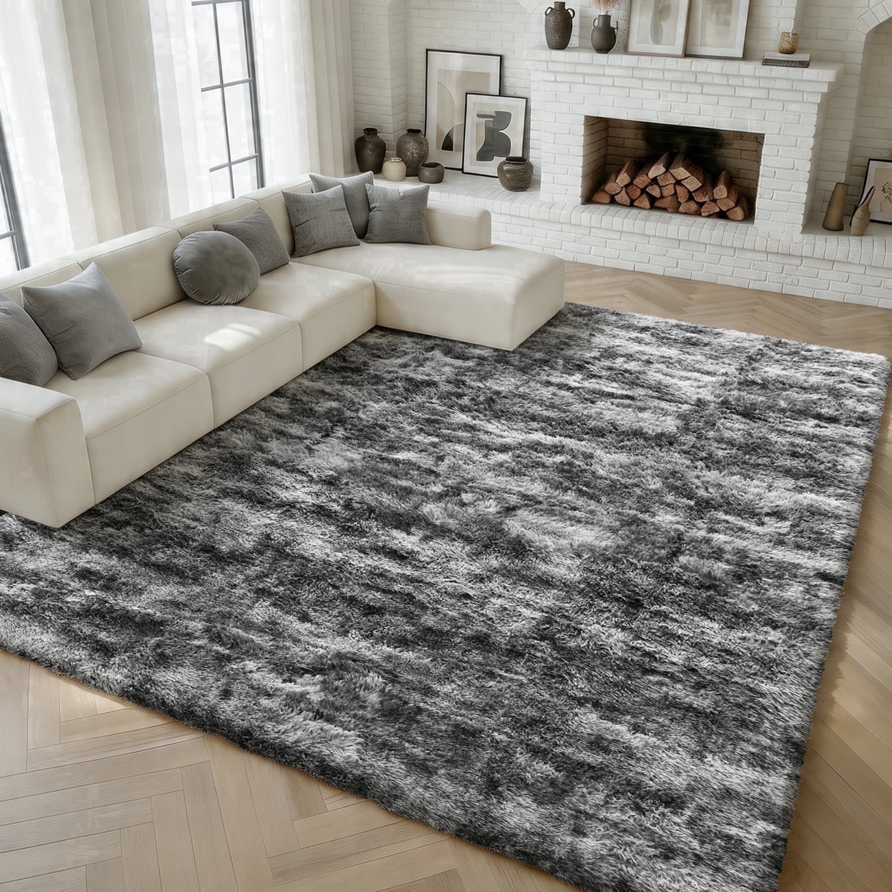 Pentantan 8ft x 10ft Shag Area Rug, Soft Fluffy Rugs for Living Room Bedroom, Modern Tie-dye Home Carpet, Dark Gray