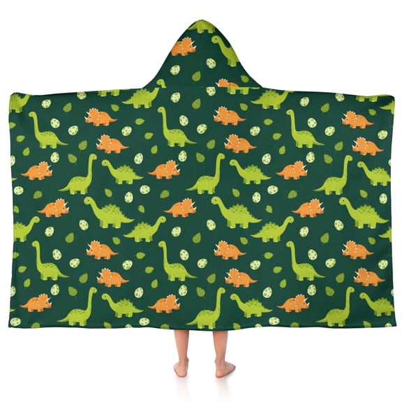 DarkGreen Cartoon Dinosaurs Eggs Pattern Hooded Bath Towel Wrap for Teens Ages 3 To 12, Soft Lightweight Quick Dry Microfiber Bath Beach Pool, 50"x30"