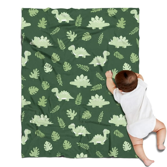 DarkGreen Cartoon Dinosaurs Leaves Pattern Blanket,Comfortable Soft Flannel Throw Blanket,All Season,Warm Lightweight Blankets for Sofa Bed Couch Living Room Chair,30"x40"