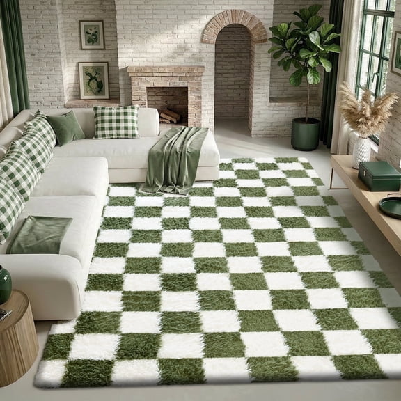 Pentantan 5ft x 8ft Shag Area Rugs for Living Room, Classic Checkered Fluffy Bedroom Carpet, Dark Green & White