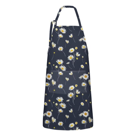 Darkblue Daisy Flower Yellow Centers Apron-Garden Aprons for Women with Pockets-Cotton Linen Waterproof Kitchen Cooking Gardening Aprons Adjustable for Kitchen,Cooking,BBQ and Salon 33x27 Inch