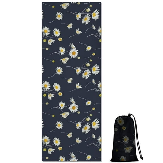 Darkblue Daisy Flower Yellow Centers Pattern Hot Yoga Mat Towel Non Slip for Hot Yoga - Quick-Drying Yoga Mat Cover with 4 Corner Pockets with Travel Bag - Hot Yoga Towel Non Slip 74"x26"