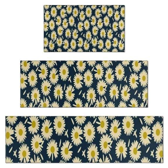 Darkblue Daisy Flower Yellow Centers Pattern Kitchen Rugs Sets Of 3,Kitchen Runner Rugs Non Skid Washable,Decorative Kitchen Floor Mats for Kitchen,Sink,Laundry,17"x30"+ 17"x47" + 17"x59"