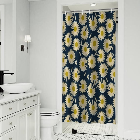 Darkblue Daisy Flower Yellow Centers Pattern Shower Curtain 36"x72" ,Bathroom Decorative Shower Curtains Set with 12 Hooks,Modern Waterproof Washable Shower Curtain