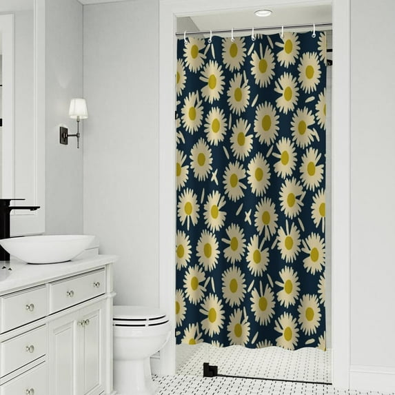 Darkblue Daisy Flower Yellow Centers Pattern Shower Curtain 36"x72" ,Bathroom Decorative Shower Curtains Set with 12 Hooks,Modern Waterproof Washable Shower Curtain