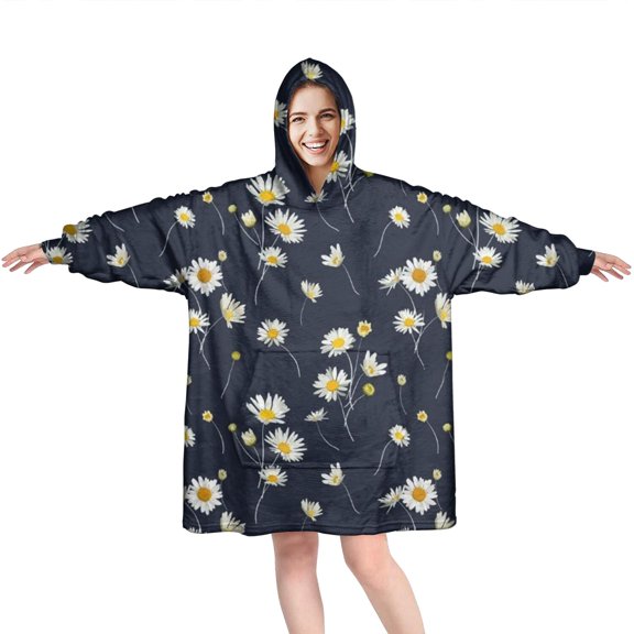 Darkblue Daisy Flower Yellow Centers Pattern Wearable Oversized Blanket,Wearable Blanket Hoodie for Adults,Cozy Hooded Blankets with Super Pockets,Super Warm Fuzzy Pullover for Women & Men