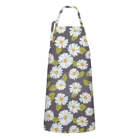 Darkgray Daisy Flower Green Leaves Pattern Apron-Garden Aprons for Women with Pockets-Cotton Linen Waterproof Kitchen Cooking Gardening Aprons Adjustable for Kitchen,Cooking,BBQ and Salon 33x27 Inch