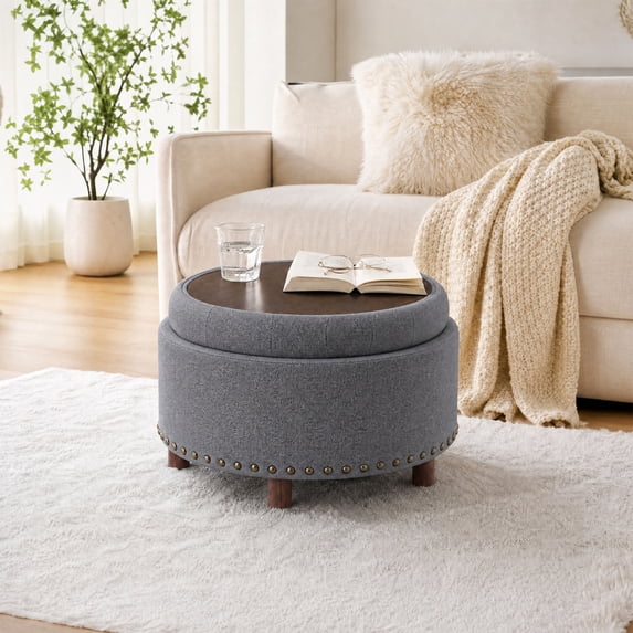 Darkgrey Round Ottoman with Storage and Reversible Tray, Upholstered Wood Footrest Coffee Table for Living Room, Bedroom, Entryway-25 Inch