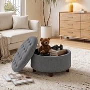 AFO Round Ottoman with Storage and Tray, Upholstered Footrest Stool with Reversible Lid, 25 Inch Seat for Bedroom Living Room Entryway, Gray