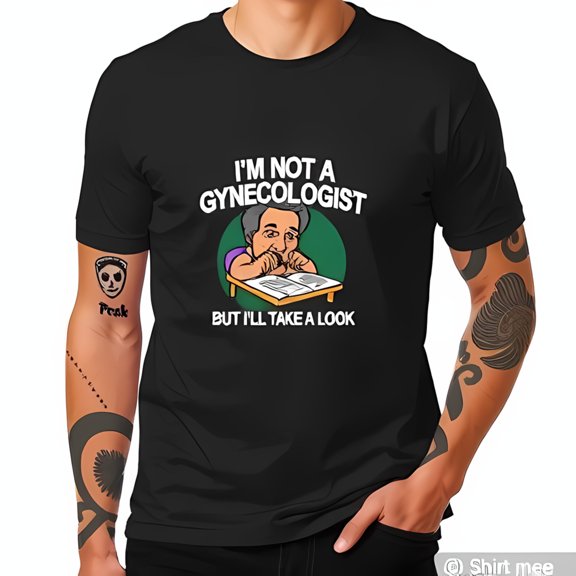 Darkly Humorous Cotton Short Sleeve T-Shirt - Cartoon Book Inspection with " I'm Not a Gynecologist " Text