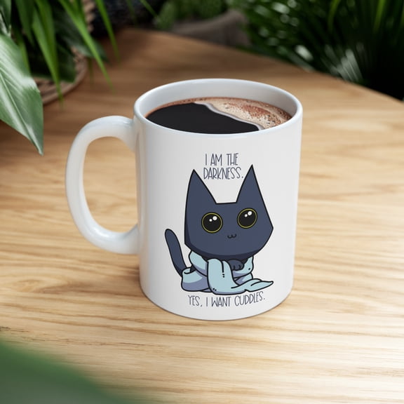 Darkness Cuddle Cat - Kawaii Kitty - White 11 oz Ceramic Mug