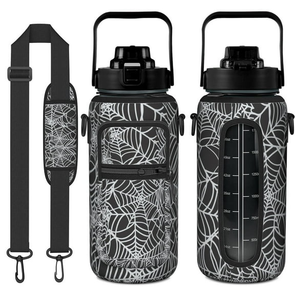 Darkness Halloween 64oz Leak-Proof Water Bottle with Sleeve - Black Cat & Witch Artwork Sport Bottle for Weightlifters & Hikers